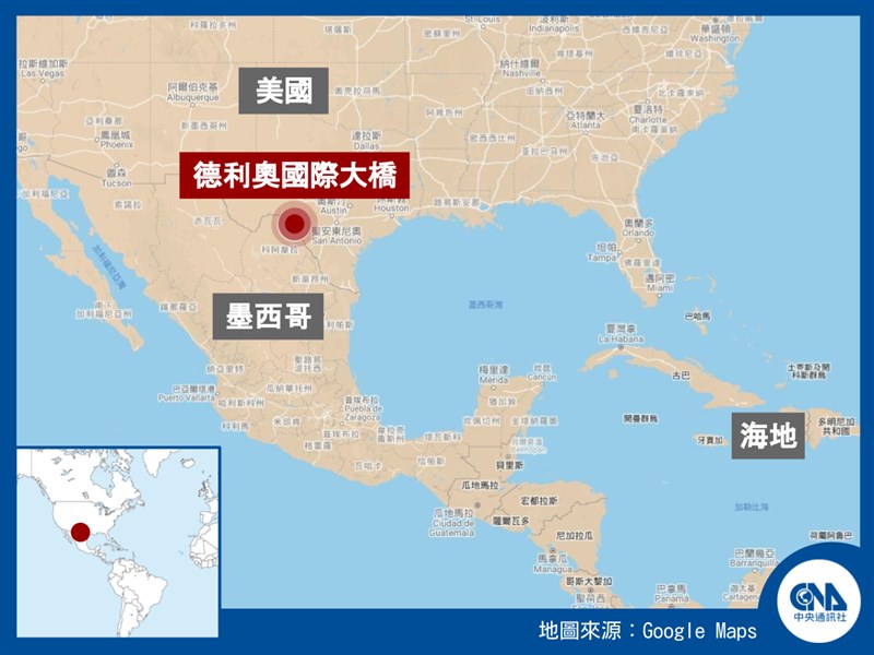大批來自海地的移民湧入美國德州邊境城市德利奧,被拘留在德利奧國際大橋下方區域。(中央社製圖)