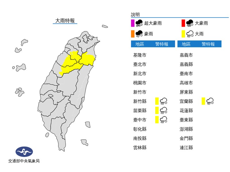 氣象局20日下午發布台中等4縣市大雨特報。(圖取自中央氣象局網頁cwb.gov.tw)