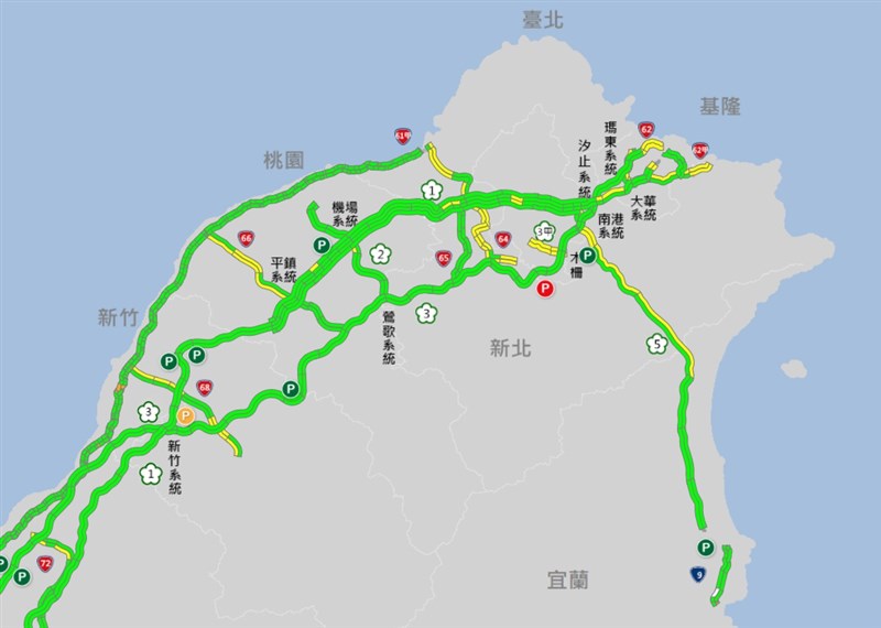高公局21日晚間7時路況資訊顯示,國道大部分路段車速都恢復到80公里以上。(圖取自高公局網頁1968.freeway.gov.tw)