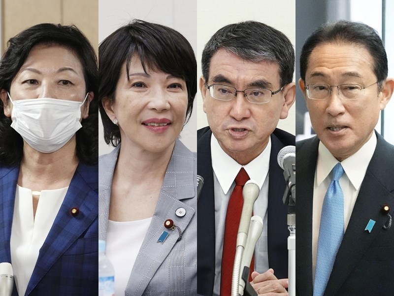 日本自民黨29日選出新任總裁,預料於10月4日成為日本第100任首相。圖為自民黨總裁參選人野田聖子(左起)、高市早苗、河野太郎及岸田文雄。(共同社)