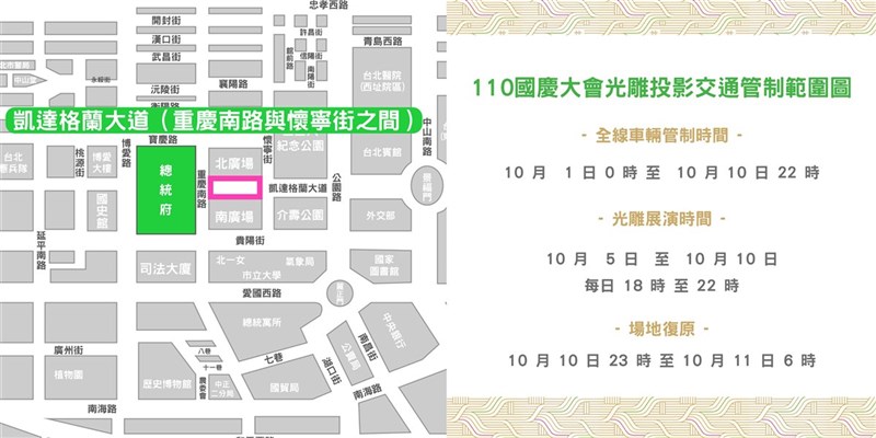 慶籌會23日表示,因應總統府光雕展演,凱達格蘭大道(重慶南路到懷寧街間)從10月1日0時起,到10月10日晚間10時止,實施全線車輛管制。(慶籌會提供)中央社記者陳俊華傳真 110年9月23日