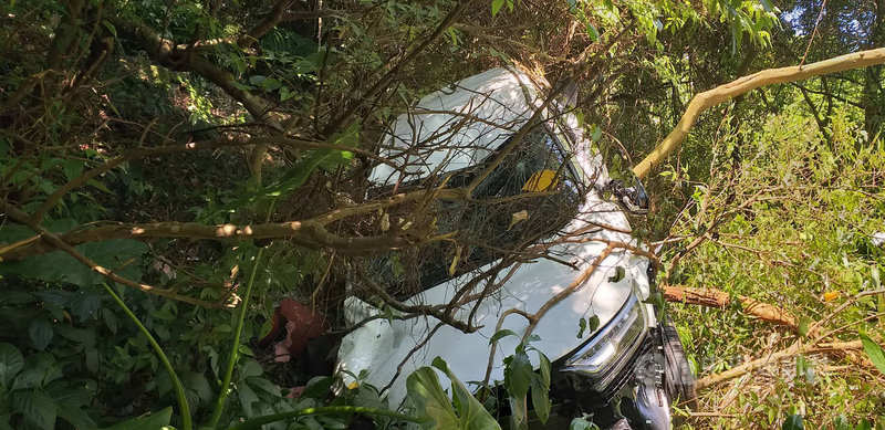 台北市北投區紗帽路26日發生汽車自撞護欄後墜落30公尺深山谷事故,駕駛疑因會車時操作方向盤不慎,車子向右偏移自撞護欄後,連車帶人墜落山谷,車上3人均有繫安全帶僅受輕傷,自行脫困後送醫治療無礙。(翻攝照片)中央社記者黃麗芸傳真 110年9月26日