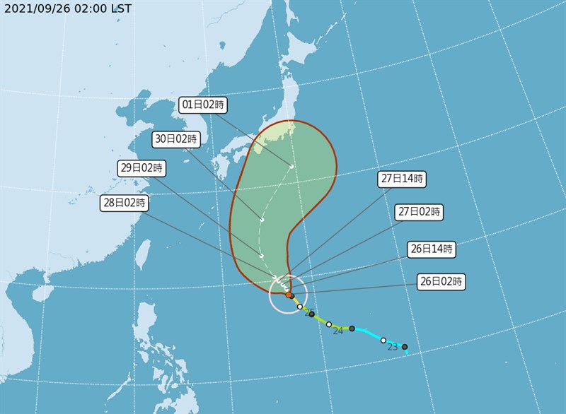 氣象專家吳德榮26日表示,中颱蒲公英持續增強,未來有機會轉強颱。(圖取自氣象局網頁cwb.gov.tw)