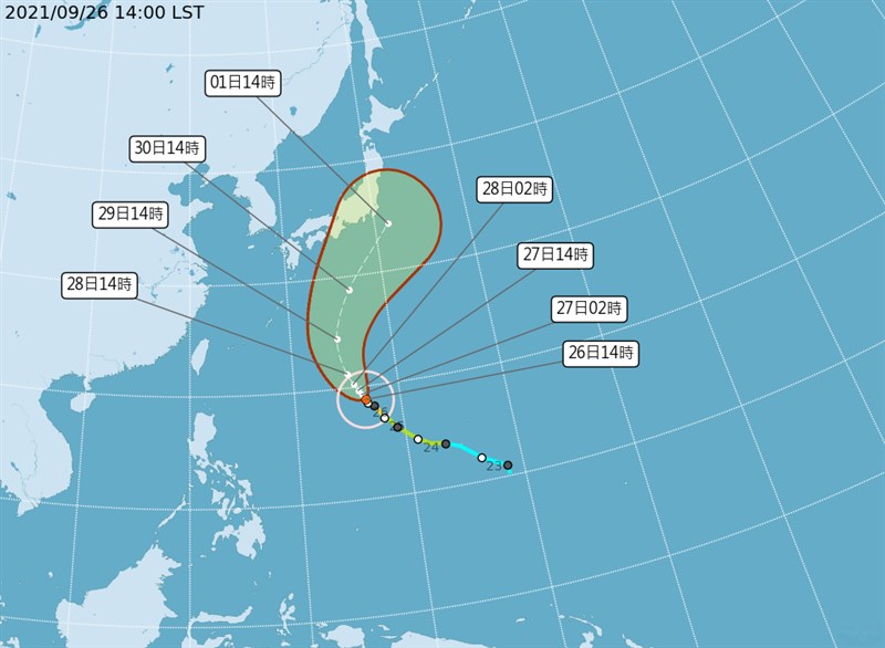 中央氣象局26日表示,強颱蒲公英持續往日本東南方海面移動,27日起基隆北海岸、東半部及恆春半島易有長浪。(圖取自氣象局網頁cwb.gov.tw)