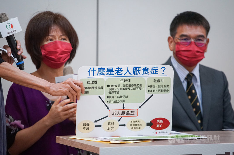 銀髮族食慾差不容小覷,董氏基金會27日在台北舉辦記者會,董氏基金會食品營養中心主任許惠玉(左)、台灣咀嚼吞嚥障礙醫學學會理事長王亭貴(右)說明老人厭食症,並提出9招輕鬆提升銀髮族食慾技巧。中央社記者裴禛攝 110年9月27日