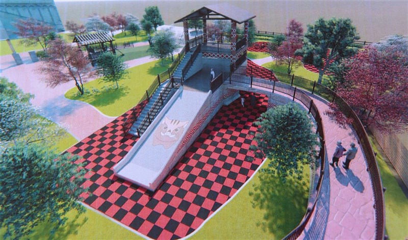 苗栗縣政府規劃在泰安鄉興建首座親子公園27日動土,公園呼應在地原鄉特色,將泰雅族傳統文化元素融入設計,預計民國111年4月完工啟用。圖為完工模擬示意。(苗栗縣政府提供)中央社記者管瑞平傳真 110年9月27日