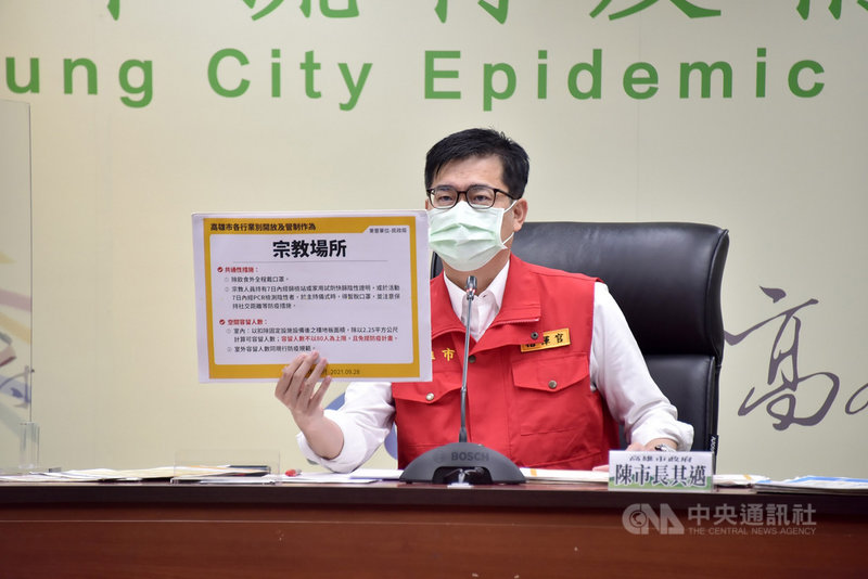 國內疫情趨緩,疫苗覆蓋率持續提升,高雄市政府也針對市內宗教場所、長照機構、電影院、藝文表演展覽、高中職以下校外教學等放寬管制,市長陳其邁28日表示,容留人數雖放寬,但包括宗教場所、電影院、藝文表演展覽等空間,仍維持每人至少2.25平方公尺限制。(高雄市政府提供)中央社記者蔡孟妤傳真 110年9月28日