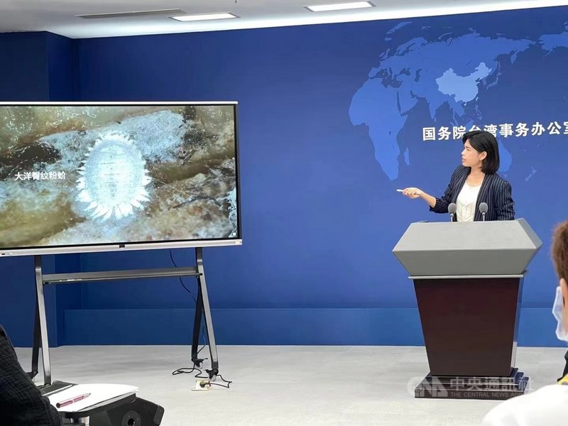 中國大陸國務院台灣事務辦公室29日上午舉行例行記者會,朱鳳蓮特地列出台灣釋迦、蓮霧被驗出的病蟲害照片。中央社記者邱國強北京攝 110年9月29日