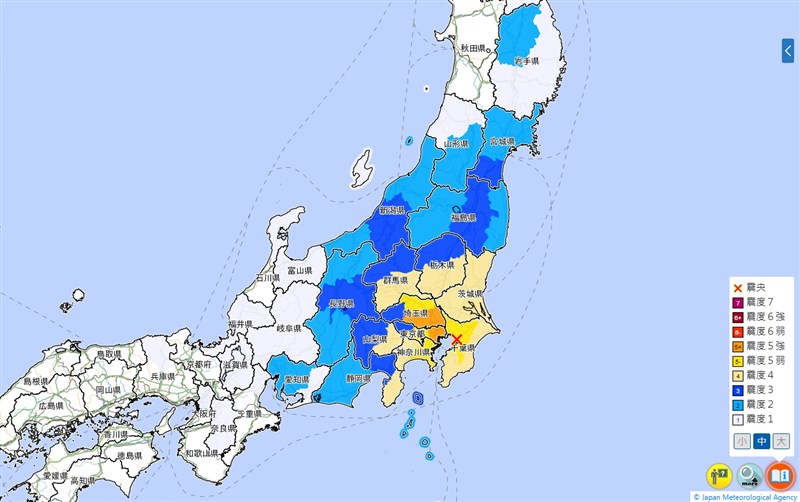 日本關東地區7日晚間發生規模6.1地震。(圖取自日本氣象廳網頁jma.go.jp)