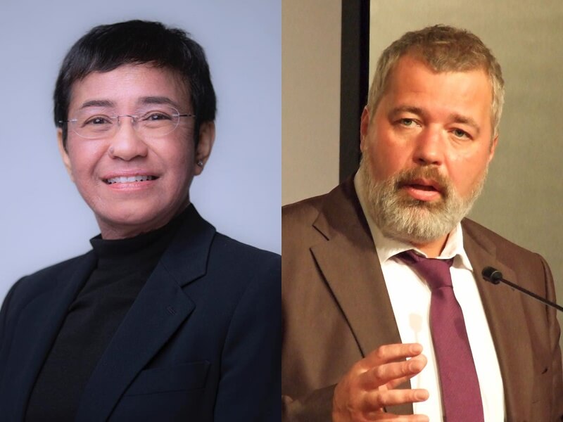 菲律賓新聞網站Rappler創辦人瑞薩（左）與俄羅斯獨立報「新報」總編輯穆拉托夫（右）獲2021年諾貝爾和平獎。（左圖取自facebook.com/mariaressa，右圖取自維基共享資源；作者Euku，CC BY-SA 3.0）