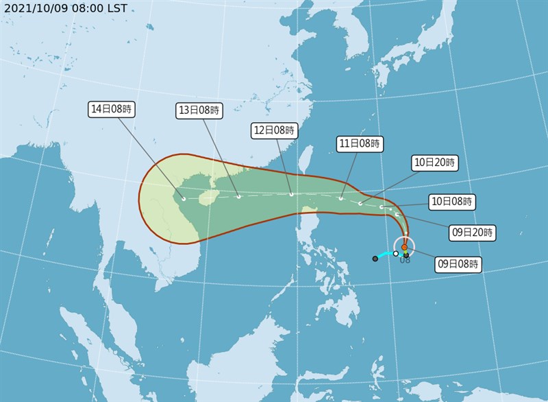 氣象專家吳德榮9日說,颱風圓規11日下午至12日距台最近,要注意共伴環流給東半部、北部山區帶來致災性降雨的威脅。(圖取自中央氣象局網頁cwb.gov.tw)