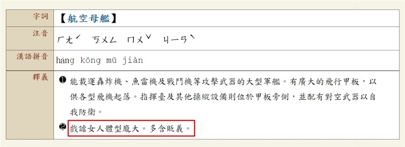 「教育部重編國語辭典修訂本」中對「航空母艦」有個解釋是「戲謔女人體型龐大,多含貶義」。(圖取自教育部重編國語辭典修訂本網頁dict.revised.moe.edu.tw)