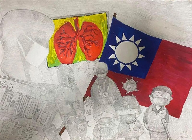 「對抗新冠肺炎:世界公益畫展」在台北捷運頂溪站藝文廊展出至10月30日,台灣雲林縣美術教師胡維軒的作品「台灣防疫,不落人後。共同防疫,不分彼此」也參展。(亞洲藝術協會提供)中央社記者黃旭昇新北傳真 110年10月14日