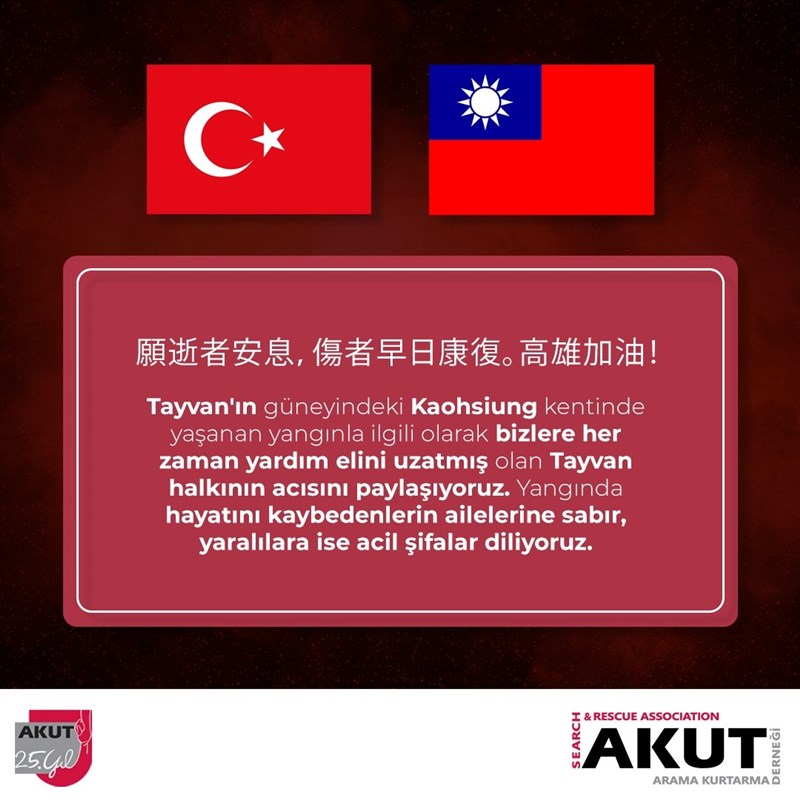 与台湾关系深厚的土耳其伊斯坦堡志工团体「搜救协会」15日在官方推特和脸书帐号以中文发文，就高雄社区大火酿成不幸，对台湾表达关怀。（图取自twitter.com/AKUT_Dernegi）
