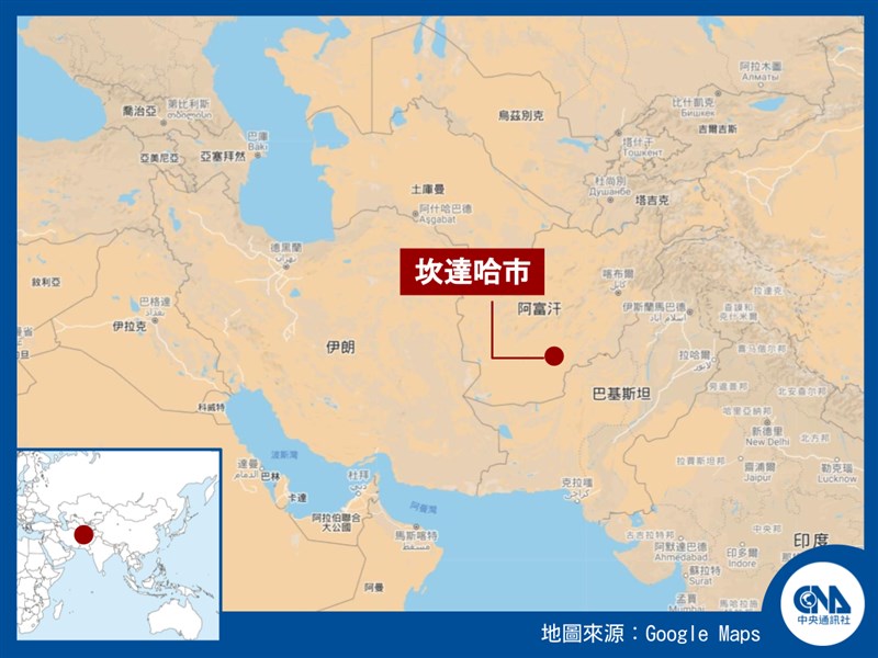 阿富汗南部坎達哈市一座什葉派清真寺15日發生爆炸。(中央社製圖)