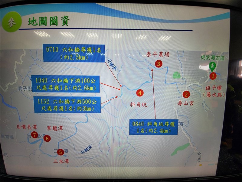 搜救人員17日上午在六合橋下游先後尋獲虎豹潭體驗營意外失蹤民眾。中央社記者王鴻國攝 110年10月17日