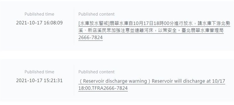 東北季風帶來豐沛雨量,台北翡翠水庫管理局首次利用「災防告警細胞廣播服務」進行「水庫放水警戒」中英文訊息通知。(圖取自災防吿警細胞廣播訊息網頁cbe.tw)