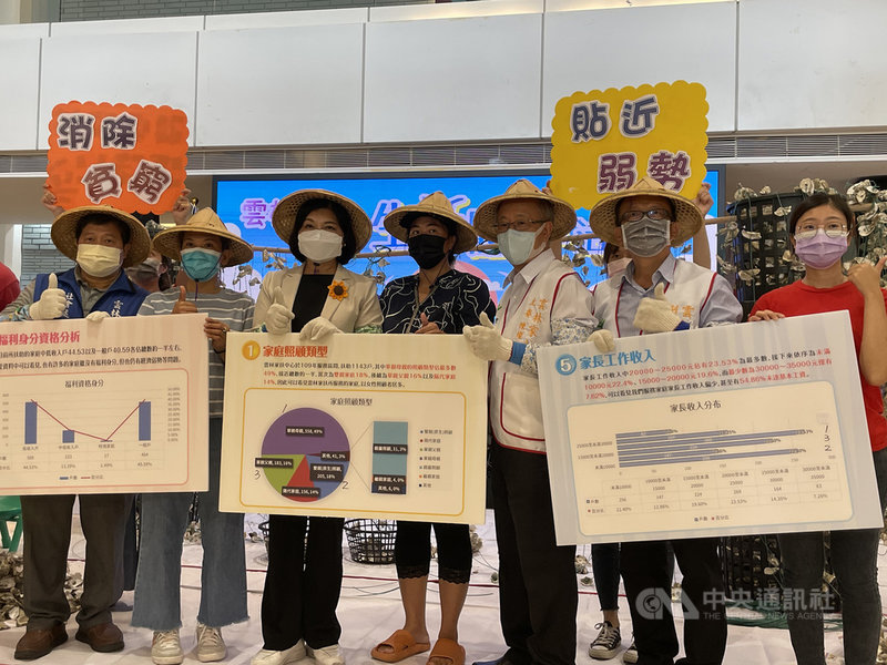 雲林縣長張麗善(左3)18日體驗串蚵工生活,由於雲林家扶中心受扶助家庭月收入低於新台幣2.5萬元將近7成,呼籲民眾關心偏遠鄉鎮弱勢經濟家庭,盼社會伸援手助他們脫貧。中央社記者姜宜菁攝 110年10月18日