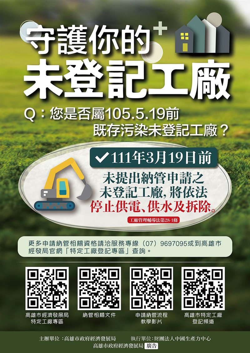 因應經濟部工廠管理輔導法修法,高市府今提醒,105年5月19日前已從事低污染產業業者需在明年3月19日前提出申請,否則依法將遭停止供水及供電。(高雄市經發局提供)中央社記者曾以寧傳真 110年10月20日