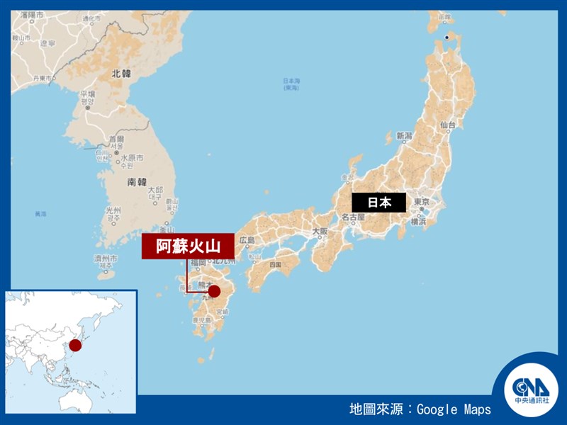 阿蘇火山(紅標處)20日上午噴發。(中央社製圖)