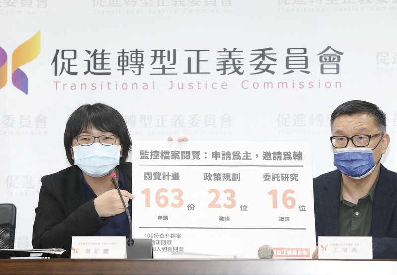 針對近日線民揭露與監控檔案等議題,促進轉型正義委員會22日下午召開記者會說明,代理主任委員葉虹靈(左)、專任委員王增勇(右)出席。中央社記者郭日曉攝 110年10月22日