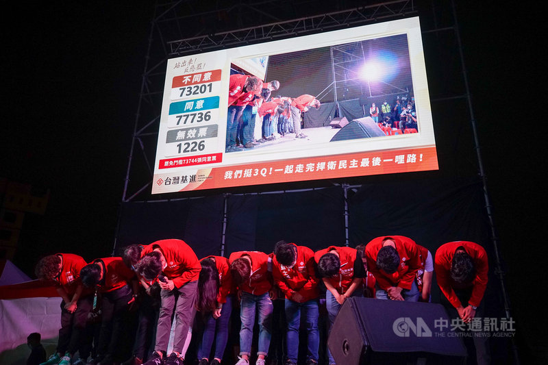 台中市第2選區台灣基進立委陳柏惟罷免案23日投票,晚間開票票數漸明朗,陳柏惟服務處出面自行宣布罷免通過,承認努力不夠,感謝大家協助與支持,深深一鞠躬向所有支持者致意。中央社記者裴禛攝 110年10月23日