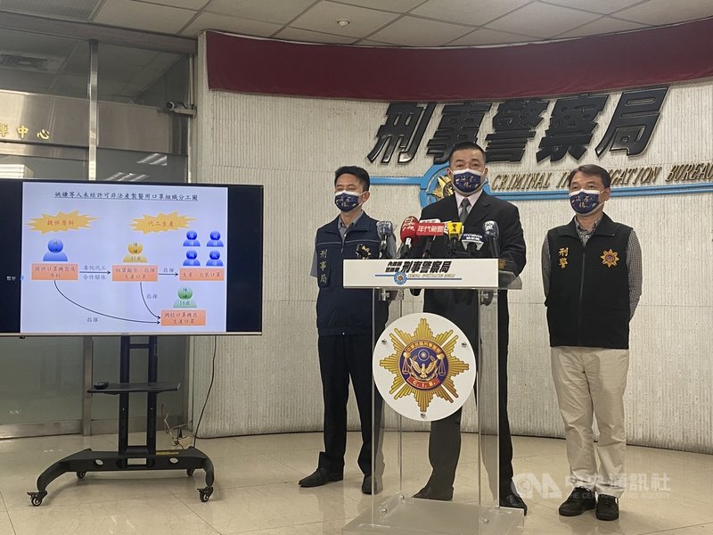 以44歲姚女為首的地下工廠非法產製雙鋼印口罩,累計3個月產量多達47萬餘片,市價逾新台幣236萬餘元,刑事局25日舉行破案記者會,偵查第七大隊副大隊長黃國師(中)說明案情。中央社記者黃麗芸攝 110年10月25日