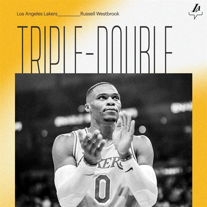 美國職籃NBA球星衛斯布魯克27日繳出加盟洛杉磯湖人的第一個大三元。(圖取自twitter.com/Lakers)