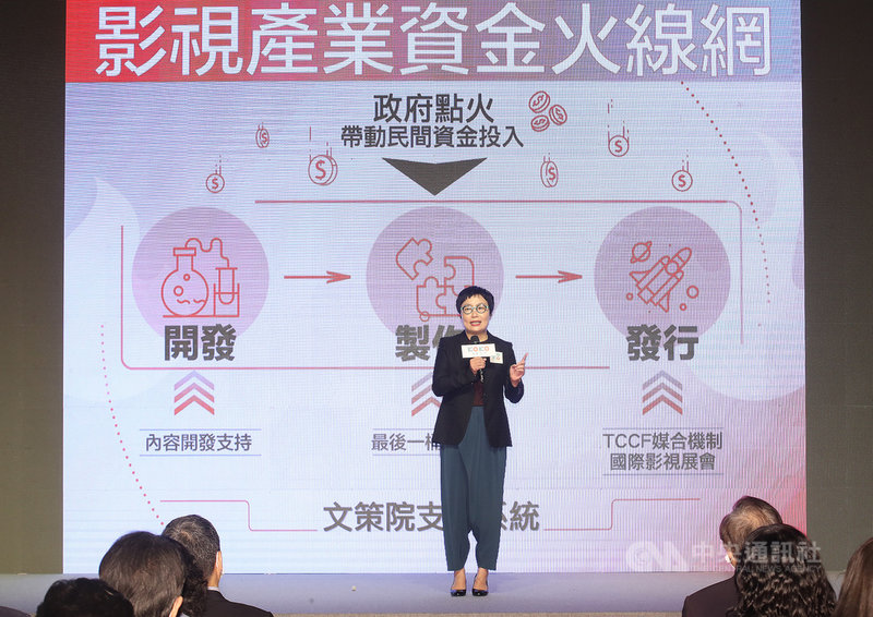 大曉創藝與文化內容策進院合資成立大慕可可股份有限公司,29日在台北舉辦成立見面會,文策院董事長丁曉菁出席致詞。中央社記者張新偉攝 110年10月29日