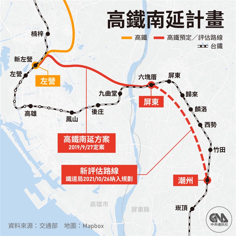 高鐵屏東站址目前是決定在六塊厝。(中央社製圖)