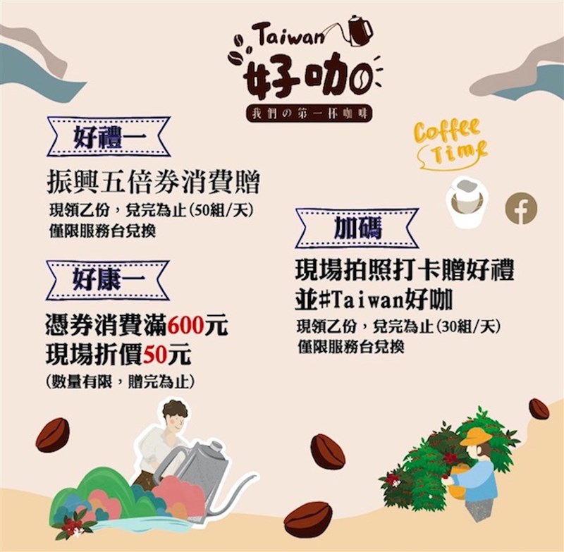 2020年與巴西同列北美CQI精品咖啡評鑑最高共享第一的古坑嵩岳咖啡及其他國產咖啡,共12家業者6、7日進軍台中大遠百「Taiwan好咖」市集,民眾使用五倍券購買支持地產地銷,可享折扣拿贈品。(農委會水保局提供)中央社記者楊淑閔傳真 110年11月5日