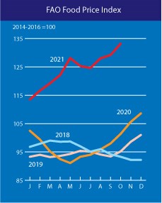 聯合國糧農組織統計，2021年10月世界糧食價格指數平均為133.2點，創下2011年7月以來新高。（圖取自聯合國糧農組織網頁fao.org）