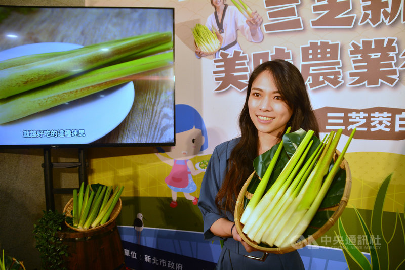 新北市農業局10日推廣又稱美人腿的三芝茭白筍,並於市府地下1樓啟用智慧市集,設置期間限定的茭白筍販賣機,歡迎民眾多加選購。中央社記者黃旭昇新北市攝 110年11月10日