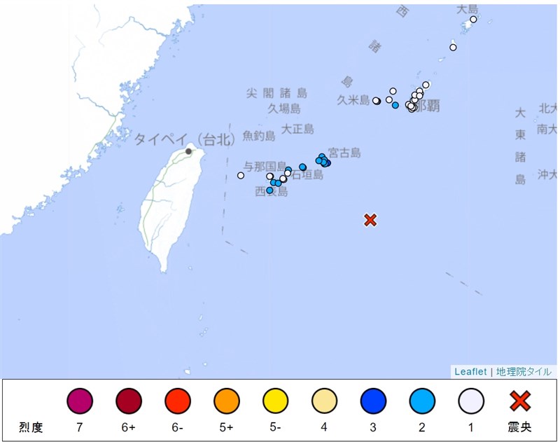 日本宮古島東南方外海台灣時間10日深夜發生規模6.6地震，沖繩宮古島市震度達3級。（圖取自日本氣象廳網頁www.data.jma.go.jp）