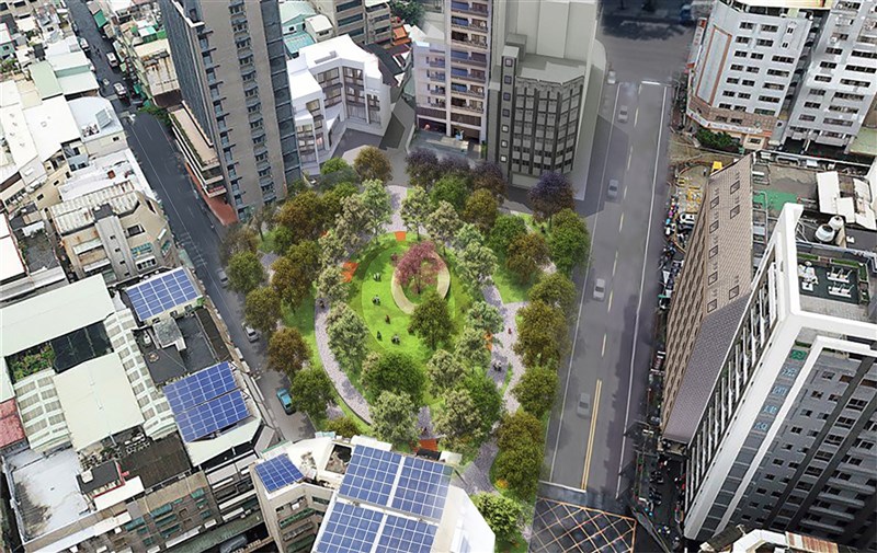 高雄市政府11日下午表示,城中城大樓建物經專業公會鑑定為危樓,將依法拆除,拆除後原址預計改建為公園,周邊相鄰建物也將專案進行建築物牆面整維更新,以展現鹽埕風貌再生。圖為改建後模擬示意圖。(高雄市都發局提供)中央社記者蔡孟妤傳真 110年11月11日