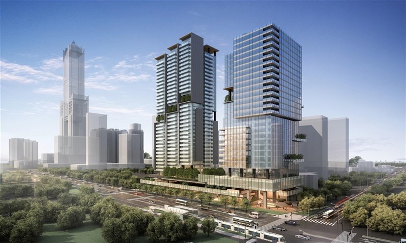 高雄亞洲新灣區「亞灣之鑰」的特貿三土地公辦都更招商案,已順利完成招商。圖為特貿三南基地南側最優申請人提案示意模擬圖。(高雄市都發局提供)中央社記者蔡孟妤傳真 110年11月14日