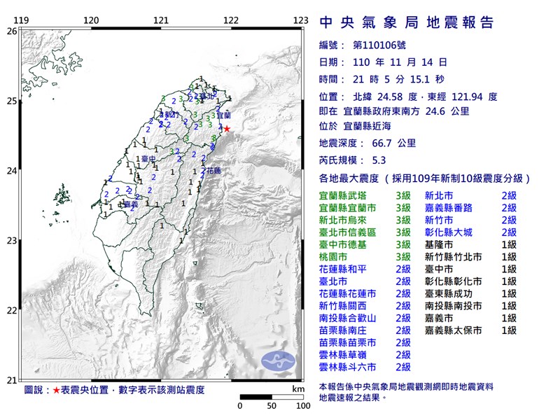 宜蘭14日晚間9時5分發生芮氏規模5.3地震。（圖取自氣象局網頁cwb.gov.tw）