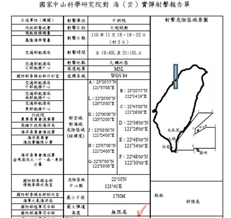 根據漁業署航安資訊公告,中科院11月密集進行火砲射擊,每星期都有,將持續到12月3日,公告的危險區域從數十公里至數百公里,彈道高度從2萬5000呎以下至無限高。圖為18、19及22日火砲試射相關公告。(取自漁業署公告)中央社記者盧太城台東傳真 110年11月18日