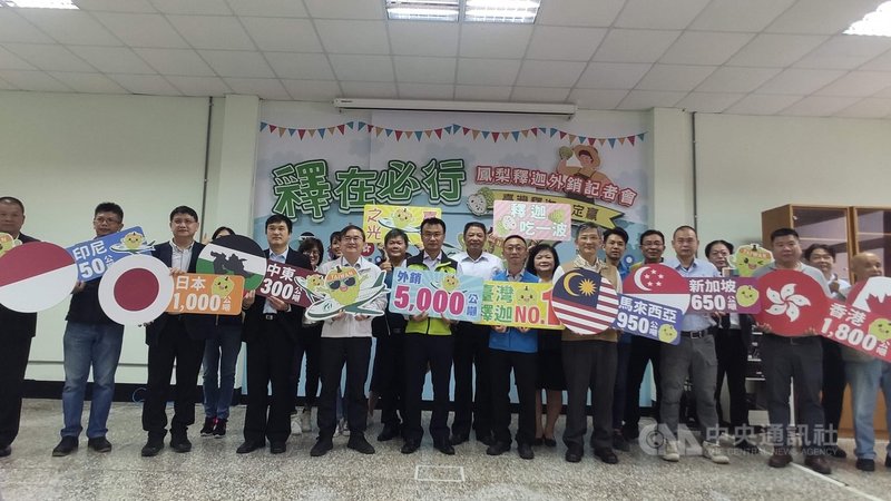 農委會主委陳吉仲(前左6)20日在民進黨立委劉櫂豪(前左5)陪同下帶領團隊到台東召開「釋在必行,台灣釋迦一定贏」記者會,宣布台灣釋迦啟動外銷、內銷和加工方案,其中外銷部分,將銷往美國、日本、新加坡和中東等國家或地區,內銷部分將會穩定價格。中央社記者盧太城台東攝 110年11月20日