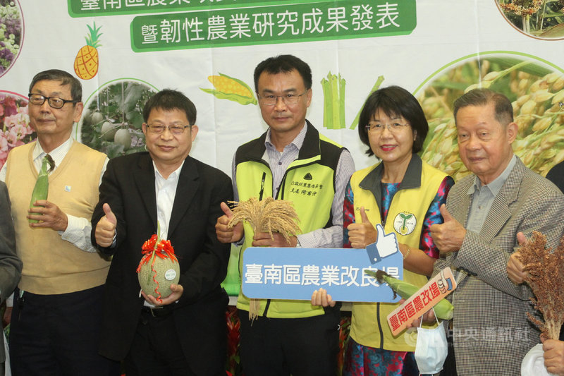 台南區農改場23日舉辦120週年場慶暨韌性農業研發成果記者會,農委會主委陳吉仲(中)出席表示,台南區農改場研發以雜糧為主、水稻為輔的水旱輪作模式,可減少用水量並提高農民收入,將編經費推廣。中央社記者楊思瑞攝 110年11月23日