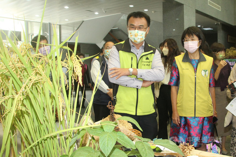 台南區農改場23日舉辦120週年場慶暨韌性農業研發成果記者會,現場展示耐旱品種釀酒高粱台南7號、台南8號;具生育期短、耐熱、耐淹水特性的青油菜台南4號等研發成果,農委會主委陳吉仲(前左)逐一參觀聽取說明。中央社記者楊思瑞攝 110年11月23日