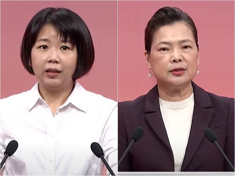 中選會24日舉行四大公投第3場意見發表會,「反萊豬」公投案正方代表為國民黨婦女部主任林麗蟬(左)、反方代表為經濟部長王美花(右)。(圖取自中視新聞YouTube頻道網頁youtube.com)