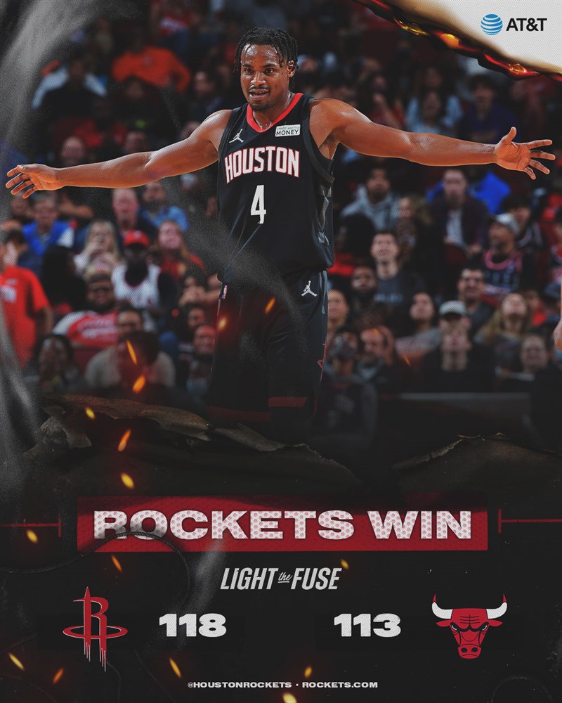 美國職籃NBA休士頓火箭24日靠著替補球員豪斯個人斬獲18分帶動全隊氣勢,最後助火箭以118比113擊敗芝加哥公牛。(圖取自facebook.com/houstonrockets)