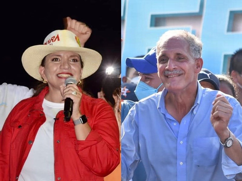 宏都拉斯總統大選計票結果顯示，在野黨候選人秀瑪菈．卡斯楚（左）領先執政黨候選人阿斯夫拉（右）。（左圖取自facebook.com/XiomaraCastroZ，右圖取自facebook.com/papialaorden）
