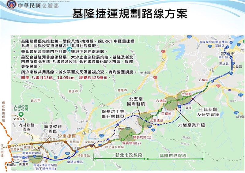 交通部26日晚間正式公布基隆捷運規劃路線圖，第一階段自八堵至南港共設13站，全長16.05公里，興建經費新台幣425億元。（交通部提供）中央社記者汪淑芬傳真 110年11月26日