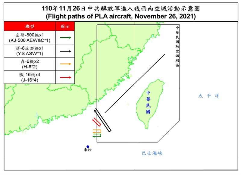 共機26日兵分4路侵擾台灣西南空域。（圖取自國防部網頁mnd.gov.tw）