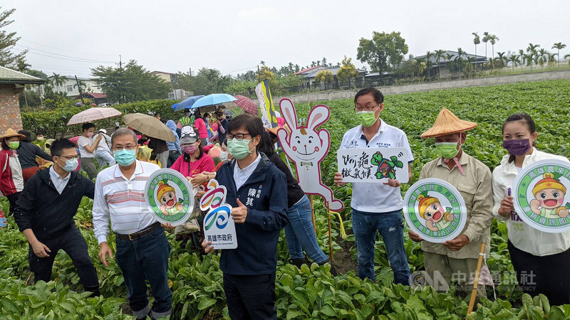 高雄美濃白玉蘿蔔季來臨,高雄市長陳其邁(前中)等人到田間採收今年首批白玉蘿蔔。陳其邁表示,白玉蘿蔔種植面積控制僅約200公頃,數量有限,沒有透過網路平台或親自到美濃搶買的話,大概會買不到。(高雄市農業局提供)中央社記者蔡孟妤傳真 110年11月28日