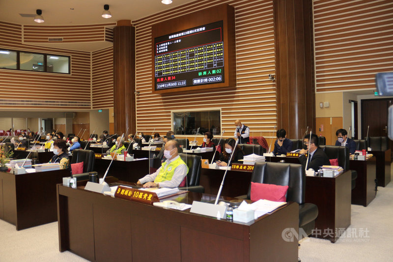 苗栗縣議會30日審查111年度苗栗縣總預算案,藍綠陣營對預算刪減幅度未能達成共識,最後以表決方式通過國民黨版本,總預算小砍新台幣739萬餘元完成三讀。中央社記者管瑞平攝 110年11月30日