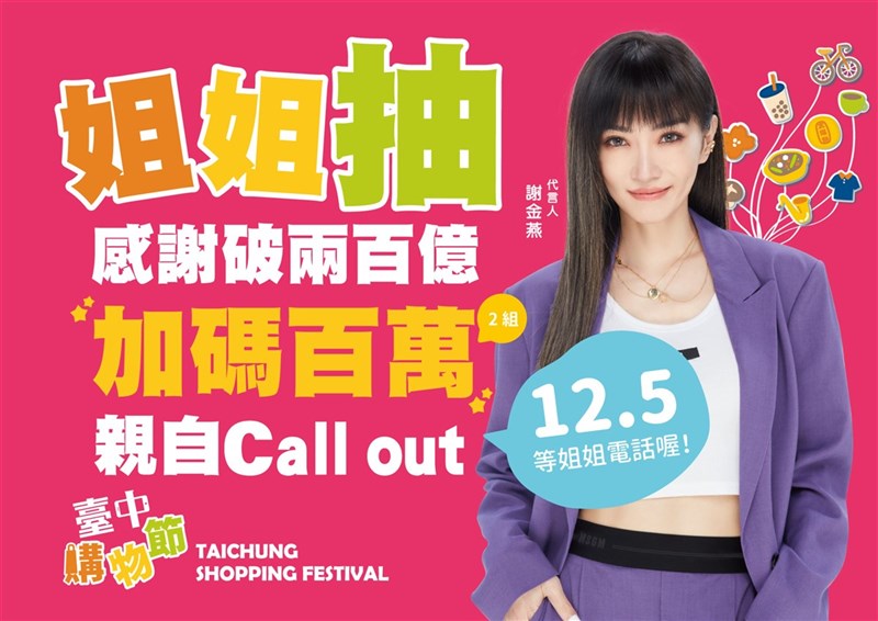 台中購物節從雙十節起跑至今,登錄金額已破新台幣200億元,台中市政府30日宣布,將加碼送出2組百萬現金獎,並邀請代言人謝金燕於12月5日抽出。(台中市政府提供)中央社記者郝雪卿傳真 110年11月30日