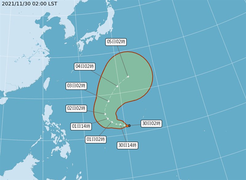 中央氣象局30日表示，位於關島西方海面的熱帶低氣壓有機會升格為第21號颱風「妮西圖」，對台灣不會有直接影響。（圖取自中央氣象局網頁cwb.gov.tw）